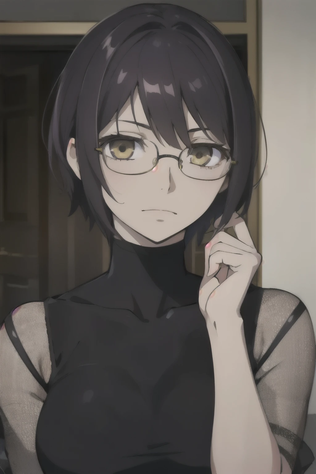 Masterpiece, best quality, realistic, ung girl, alone, focus man, look at viewer, , , , ,, bright purple hair golden yellow eyes, , , High definition, not smiling, wearing black round glasses.  clothes 