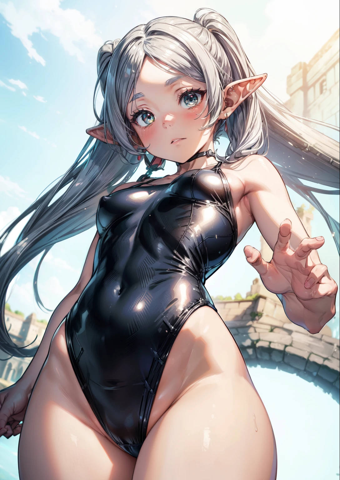 (Masterpiece, High Quality, Top quality, High-Detailed, Detailed CG, Cinematic Shadow, Cinematic Scene, Beautiful Detailed Eyes, Ultra Resolution, Depth of Field), (Character: Frieren: Beyond Journey's End), Looking At The Audience, Looking Down, Looking At The Audience Below, (Blush Expression:1.2), (SFW:1.2), Elf Ear, Silver Hair, Twin Tails, Spiky Ears, Five Fingers, Good Composition, Arms, (Swimsuit:1.2), (White Swimsuit:1.0), Thicc Thighs, Small Breasts, Medium Breast, Dark Background, Blur Background, Castle Room, European Room
