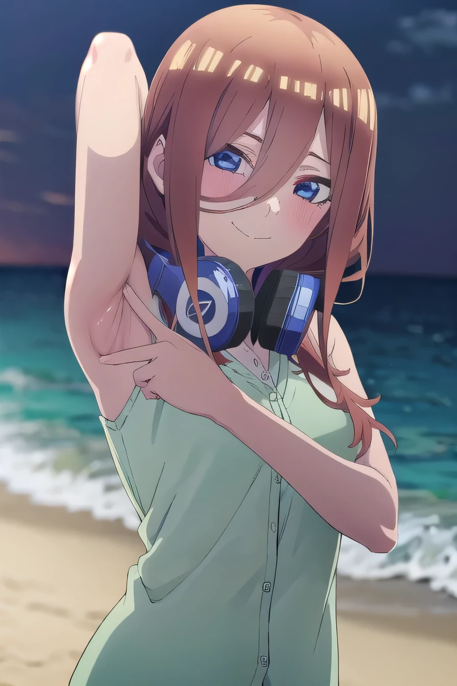 solo, 1girl, looking at viewer, 2D, anime, anime coloring, miku nakano, cardigan, headphones around neck, solo, night sky, beach, arms behind head, contrapposto, closed mouth, upper body, looking at viewer, smile,