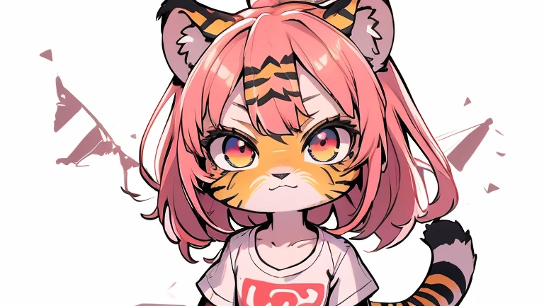 (obra maestra, Alta calidad, mejor calidad, 8K, high resolution), ((estilo chibii, Chibi lindo)), (solo, 1 girl), {Tiger Girl, cara de tigre, 2 colmillos, long eyelashes, delineador de ojos} {bigotes de tigre}, (((Piel de tigre por todo el cuerpo., Rayas de tigre en el cuerpo.))), (pelo naranja), cabello corto, Pinza para el cabello, [[Pinza para el cabello white flower on hair]], ((Muy feliz)), ((boca abierta)), ojos naranjas, [pupilas negras], ((buscando)), (very small breasts), brazos delgados, (un brazo arriba, un brazo hacia abajo), axilas, ((mini camiseta rosa, camiseta rosa completa)), {shorts blancos}, {{{mini cola de tigre, Cola en la espalda}}}, (cuerpo completo), (((de pie, jump angle))), dynamic pose, Fondo blanco, fondo sencillo, ((((Estilo Tora-chan no Hanayome)))), (old anime style 40s), estilo animado, anime color.