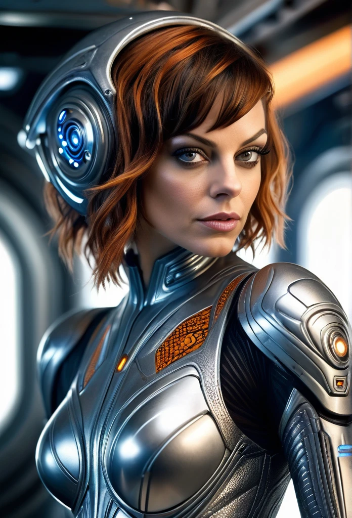 Beautifu Femalel Fifth Element Alien [Mila Jovovich:Mila Kunis:0.40] in a portrait pose donning a Hightech Mecha Body Suite, confident naughty smirk, detailed face, detailed hair, insanely intricate details, realistic style