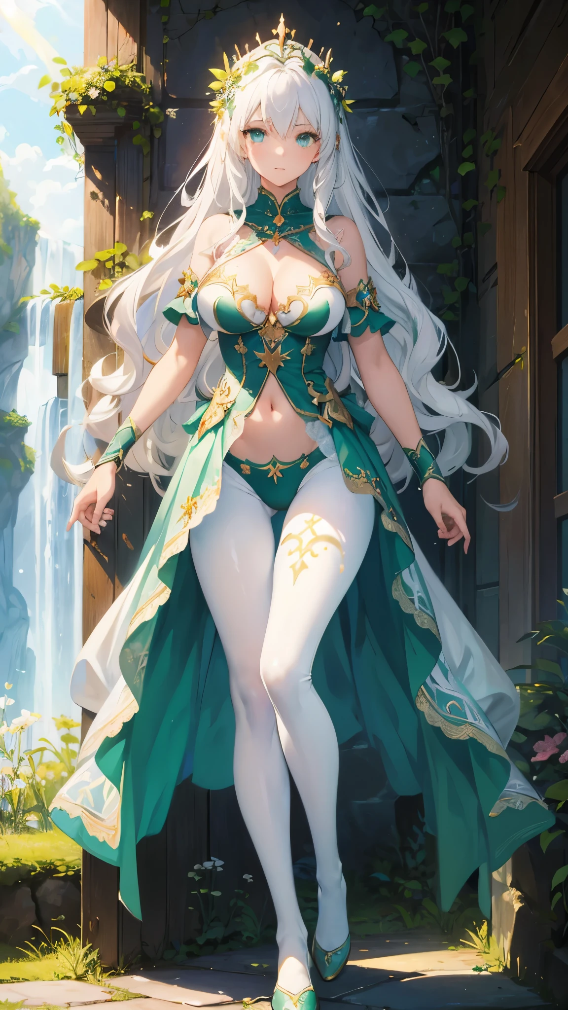 ((masterpiece, best quality)), Detailed face，Fairy Queen，Full body painting，Perfect body proportions，Large Breasts，Long legs，White hair，Green Eyes，Long wavy hair，beautiful eyes，Fantasy style，extremely beautiful，White background，sun，Holy Light，outdoor，transparent，Sex bikini，Lace，Pantyhose，exposed，Star decoration