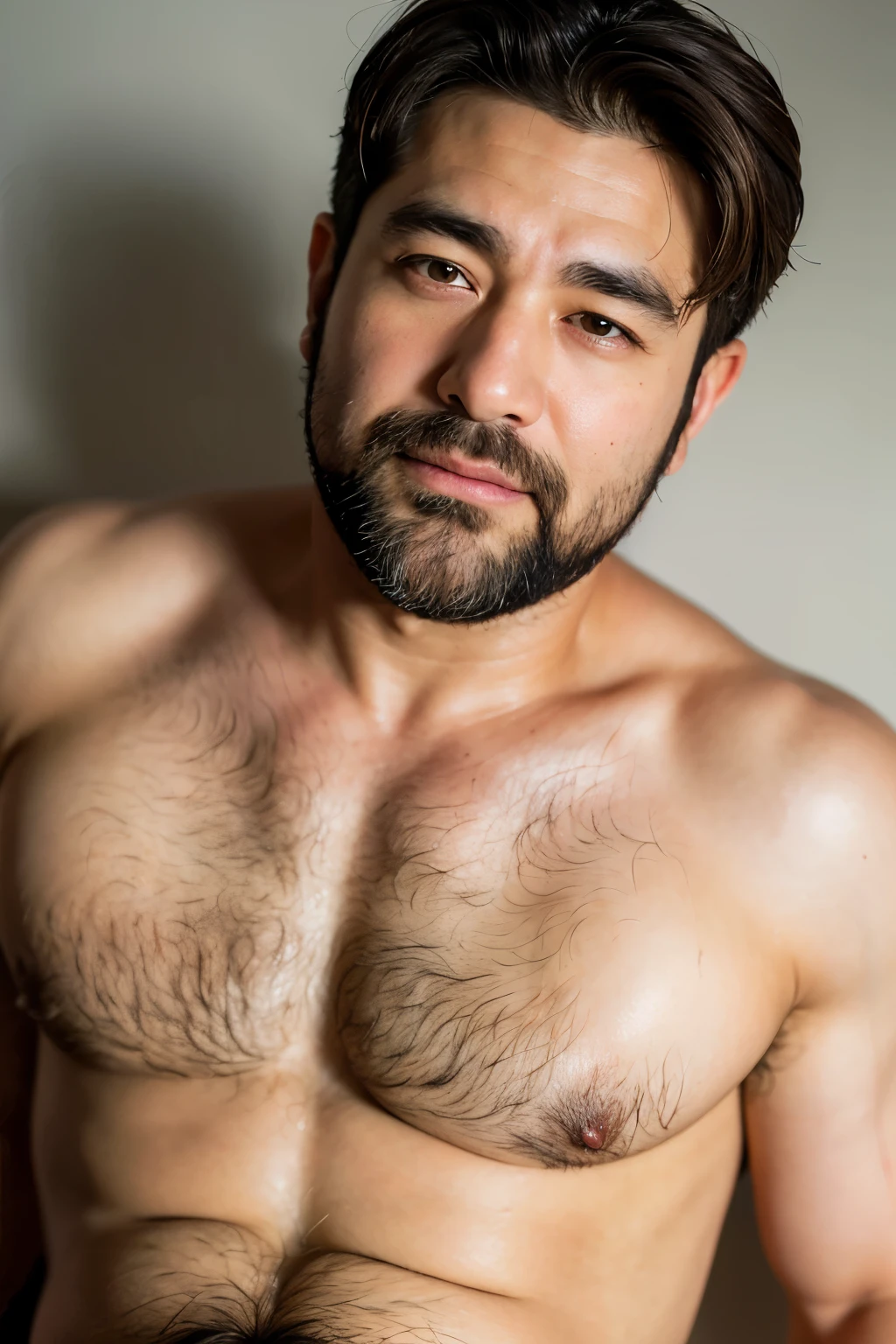 highest quality, Soft Light, Ultra-high resolution, (Realistic:1.4), RAW Photos, Japanese,Fat mature man, alone, good looking, (Brown eyes, Light in your eyes), Very hairy, chest hair, Armpit Hair, Beautiful face in every detail, (High resolution detail of human skin texture), (Crew Cut), naked, White, From the knee up,whole body