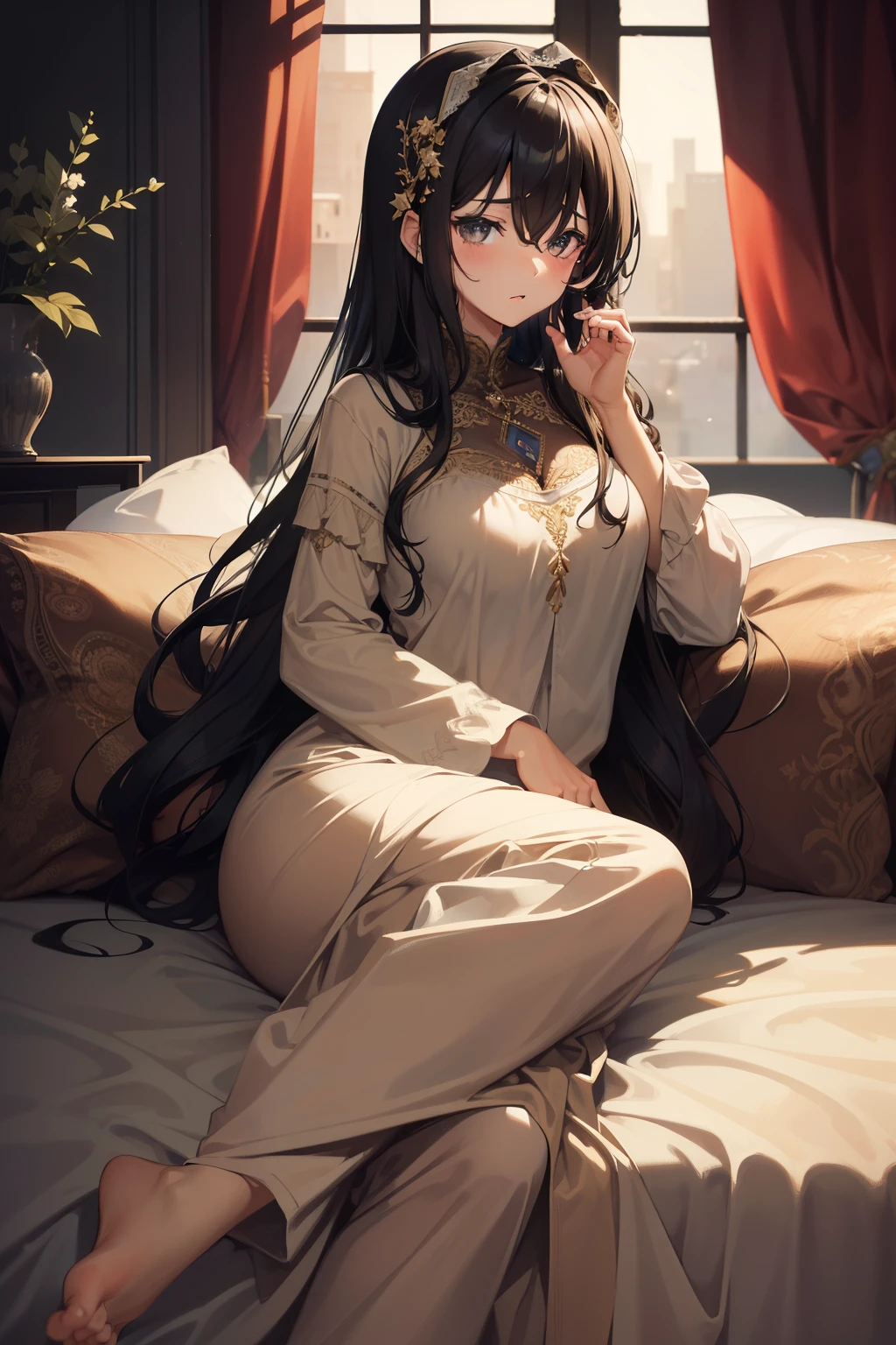 (Absurd, High Resolution, Ultra-Detailed), 1 girl, Mature, Detailed Face, Sleepy Eyes, (Noire Art, Tranquil and Comfort: 1.2), (Fractal Art: 1.3), Warm Brown and Beige Color Scheme, Most Detailed
A 35-year-old woman, adorned in a loose, flowing pajama, can be seen sitting on the edge of her bed. Her sleepy eyes are half-closed, and a slow, wavy yawn escapes from her lips. The soft, wavy lines of her mouth accentuate her drowsy state, highlighting her tr
