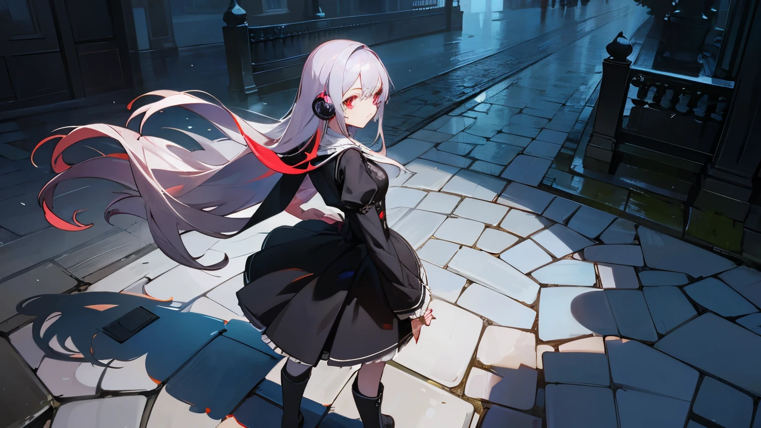master plece,detailed,super fine,illustration, anime, vibrant colors,realistic, photorealistic, masterpiece, best quality, 2girl, back to back,depressed, slender, small breasts, solo, arched back,Headphones,Gothic Dress , boots, soulful eyes, (red eyes), silver hair, very long hair, floating hair:2, Charming European cobblestone streets in a historic town, Illuminate the rain,