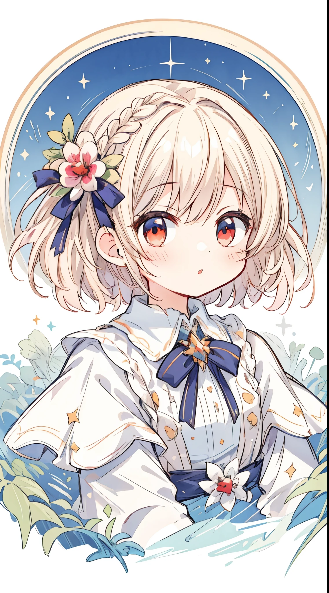 (Masterpiece, Best quality:1.2), illustration, absurderes, A high resolution, Extremely detailed, 1 little girls, with short white hair, Red eyes, eyes highlights, dress, puffy short sleeves, frilld, Outdoors, flower, Fluttering petals, Upper body, (Moon:1.2), Night, Depth of field, (:D:0.8),(Black pantyhose)