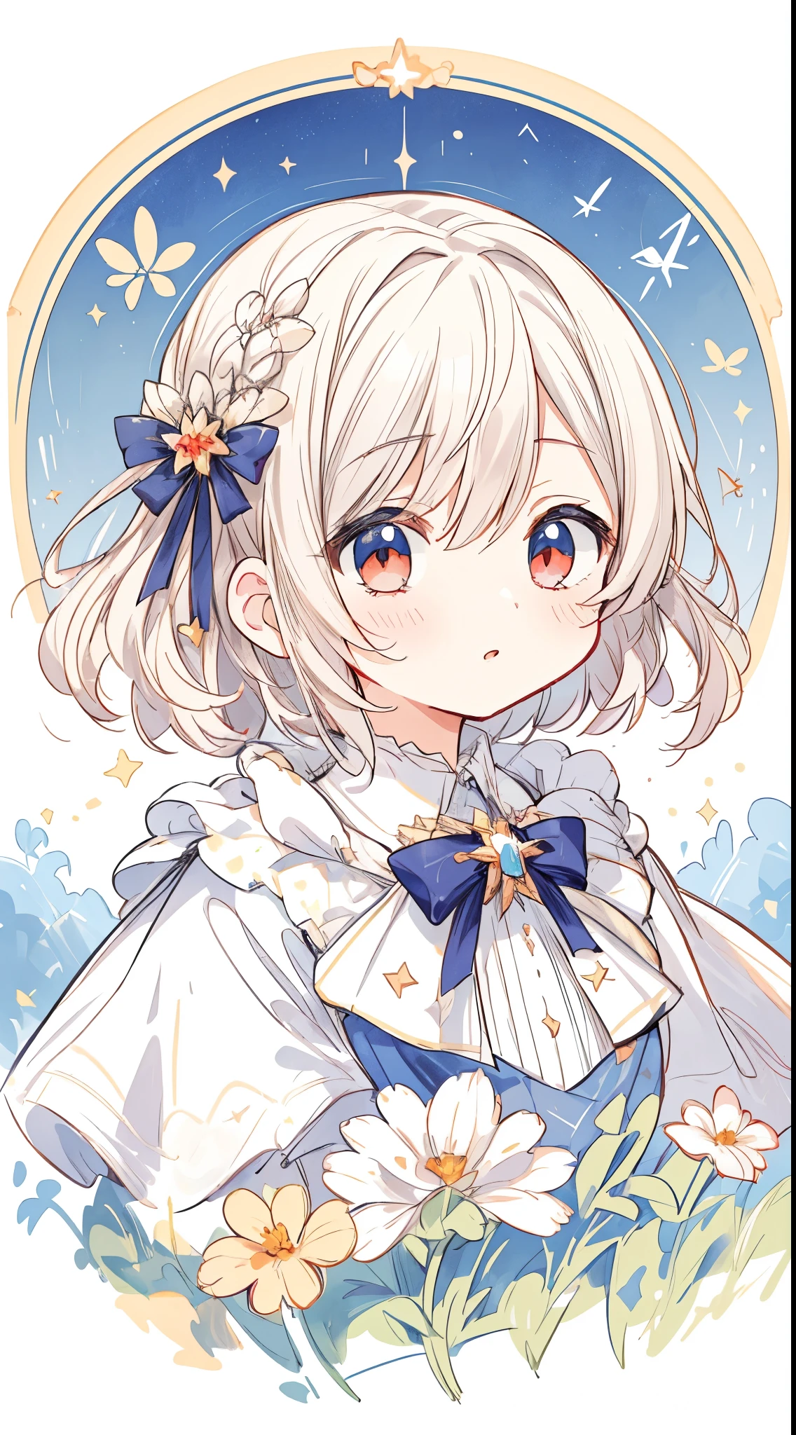 (Masterpiece, Best quality:1.2), illustration, absurderes, A high resolution, Extremely detailed, 1 little girls, with short white hair, Red eyes, eyes highlights, dress, puffy short sleeves, frilld, Outdoors, flower, Fluttering petals, Upper body, (Moon:1.2), Night, Depth of field, (:D:0.8),(Black pantyhose)