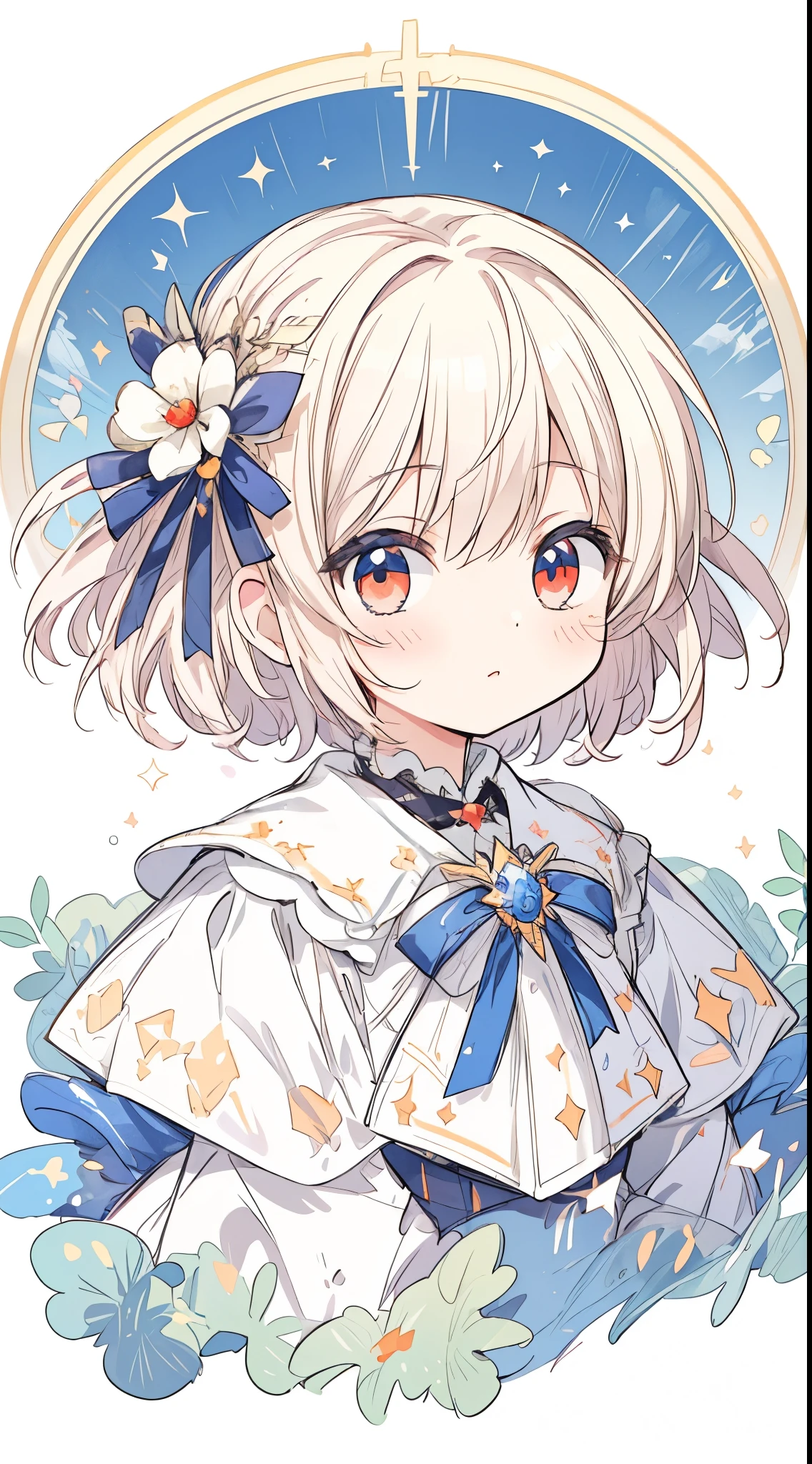 (Masterpiece, Best quality:1.2), illustration, absurderes, A high resolution, Extremely detailed, 1 little girls, with short white hair, Red eyes, eyes highlights, dress, puffy short sleeves, frilld, Outdoors, flower, Fluttering petals, Upper body, (Moon:1.2), Night, Depth of field, (:D:0.8),（Black pantyhose）