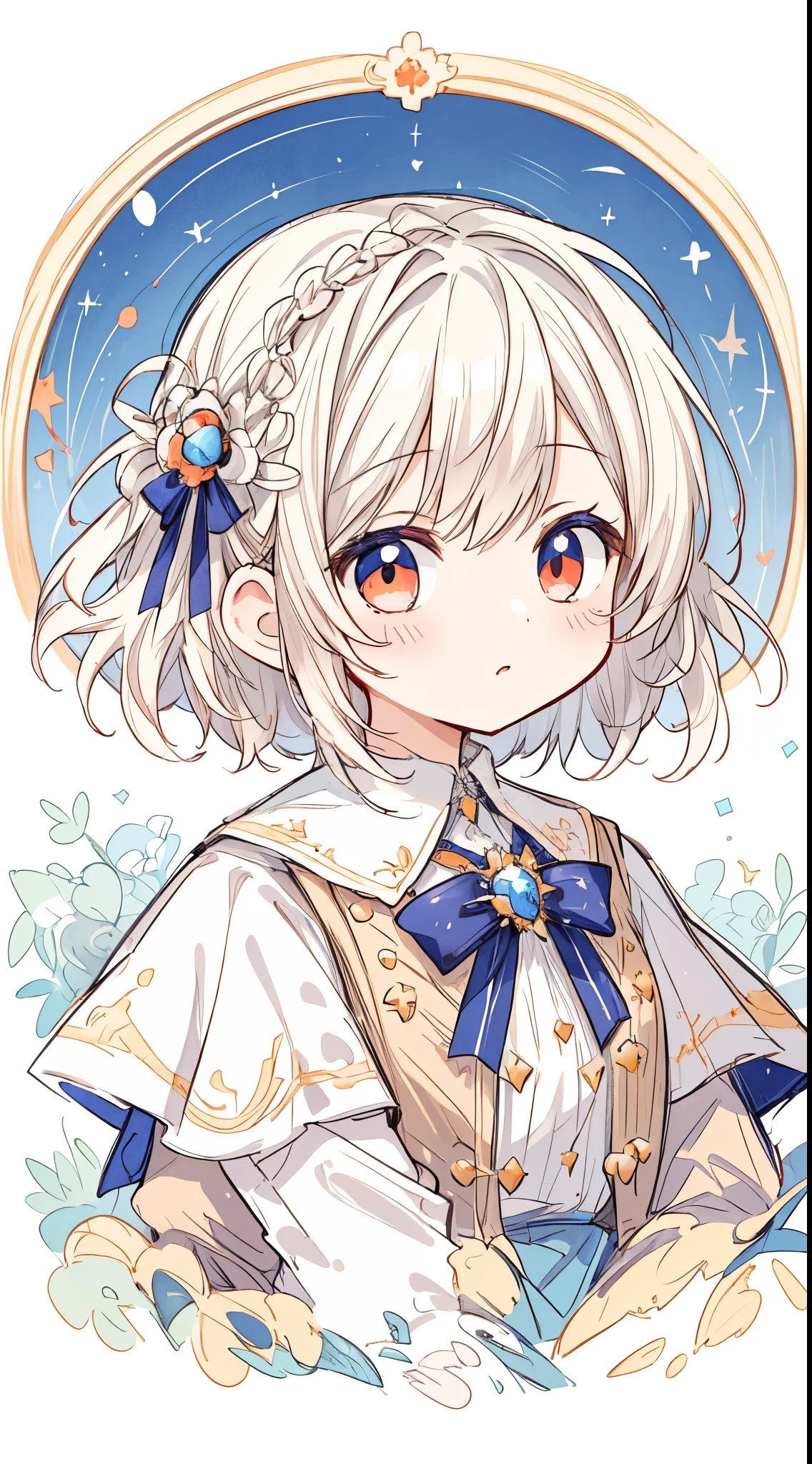 (Masterpiece, Best quality:1.2), illustration, absurderes, A high resolution, Extremely detailed, 1 s, with short white hair, Red eyes, eyes highlights, dress, puffy short sleeves, frilld, Outdoors, flower, Fluttering petals, Upper body, (Moon:1.2), Night, Depth of field, (:D:0.8),(Black pantyhose)
