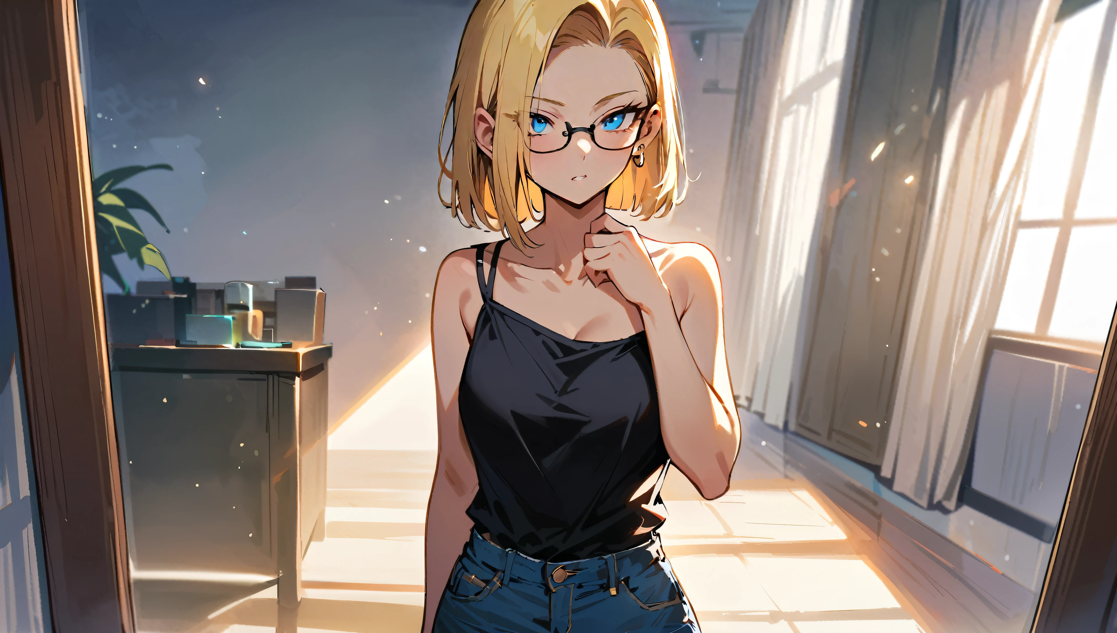 masterpiece, best quality, 1girl, solo, facing viewer,<lora:EPfeMerrin-07:0.7> EPfeMerrin, blonde hair, blue eyes, short hair, ahoge, focused, grass, evening, index finger raised, sweater, heart cutout, pom-pom pants, glasses, animal ears, tail, smirk