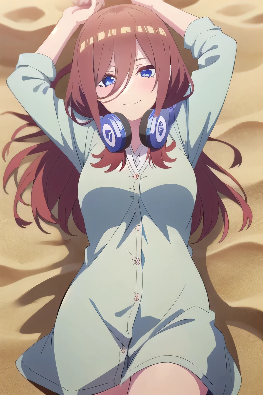 solo, 1girl, looking at viewer, 2D, anime, anime coloring, miku nakano, cardigan, headphones around neck, solo, lying, on back, on sand, arms up, spread arms, looking at viewer, smile, (cowboy shot:1.5)
