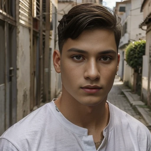 Estilo realista, menino bonito, rapaz fixe, rosto calmo, camisa preta, penteado quiff, Fundo de cidade