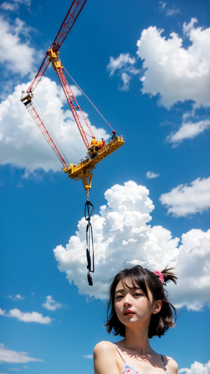 ,((crane))、toy、blue sky、1girl