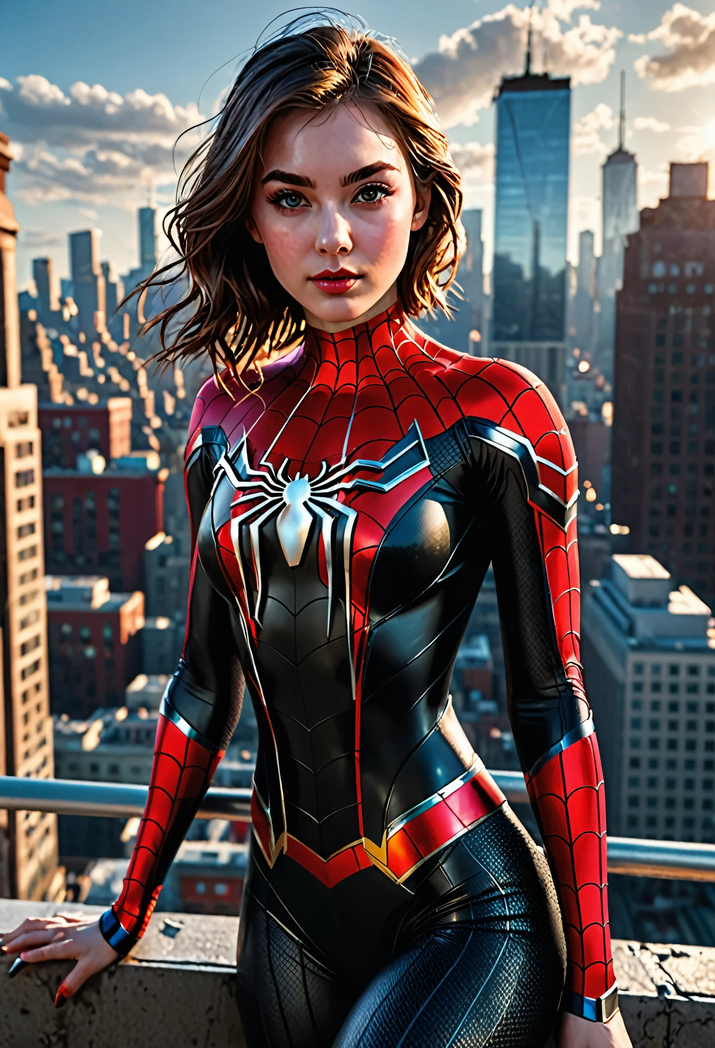 (1girl:1.3), Solo, (((Very detailed face)))), ((Very detailed eyes and face)))), Beautiful detail eyes, Body parts__, Official art, Unified 8k wallpaper, Super detailed, beautiful and beautiful, beautiful, masterpiece, best quality, original, masterpiece, super fine photo, best quality, super high resolution, realistic realism, sunlight, full body portrait, amazing beauty, dynamic pose, delicate face, vibrant eyes, (from the front), She wears Spider-Man suit, red and black color scheme, spider, very detailed city roof background, rooftop, overlooking the city, detailed face, detailed complex busy background, messy, gorgeous, milky white, highly detailed skin, realistic skin details, visible pores, clear focus, volumetric fog, 8k uhd, DSLR, high quality, film grain, fair skin, photo realism, lomography, futuristic dystopian megalopolis, translucent