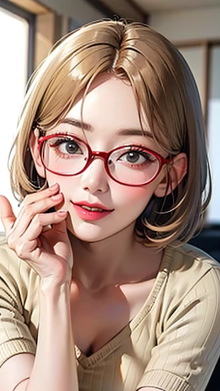 1 female, /(Tight sweater/) V-neck, Mature Woman, /((((short hair、Light brown hair、Blonde hair)))) Beautiful forehead, Stylish Glasses、Large Breasts、Bright red lips、A gentle blushing smile, (Masterpiece of the highest quality:1.2) Delicate illustrations, super detailed,  /(Modern house living room/) indoor