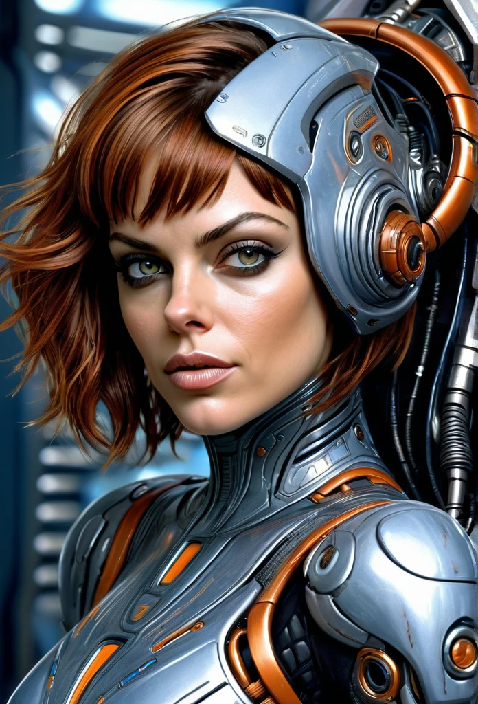 Beautifu Femalel Fifth Element Alien [Mila Jovovich:Mila Kunis:0.40] in a portrait pose donning a Hightech Mecha Body Suite, confident naughty smirk, detailed face, detailed hair, insanely intricate details, realistic style