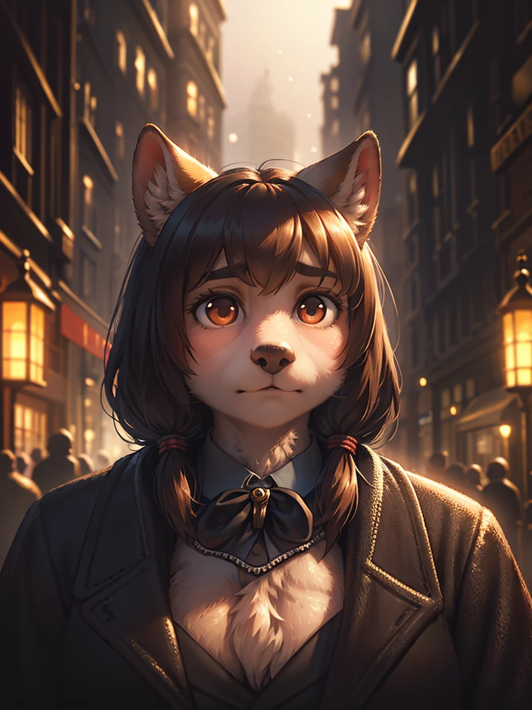 (Extreme Perspective:0.75) , Depth and foreground , rule of thirds , old Cine Lenses , Bokeh , realistic hairy fur , round face , round eyes , Swollen cheeks , hair ties , 1900s Foggy London city , Sherlock Holmes style movie , Detective women , (emerge from the shadows:1.2) , look at away , (peeping out scene)