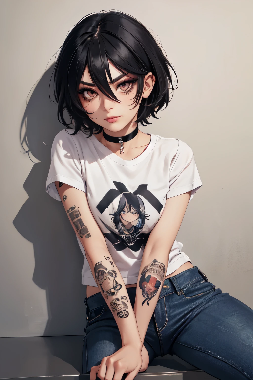 1girl, solo, face, looking at viewer, punk, black hair, short hair, hair between eyes, mascara, eyeliner, eyeshadow, tattoo, shirt, jean pants, choker, smurk, smug, rolled up sleeves.