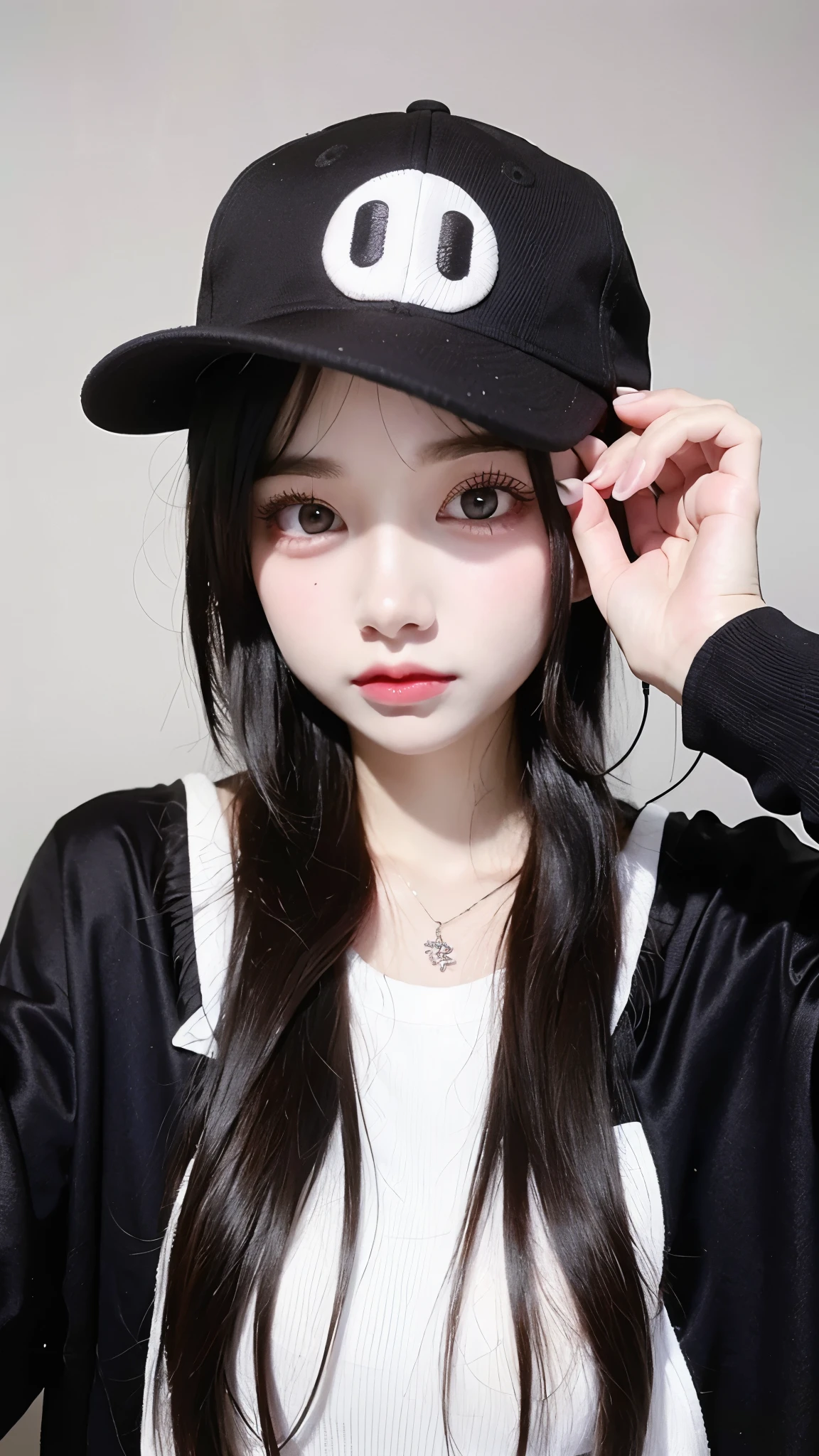arafed woman with headphones and a baseball cap on, ulzzang, 🤤 girl portrait, anime girl in real life, korean girl, pale round face, korean symmetrical face, anime vibes, guweiz, 19-year-old girl, girl cute-fine-face, artwork in the style of guweiz, cruel korean goth girl