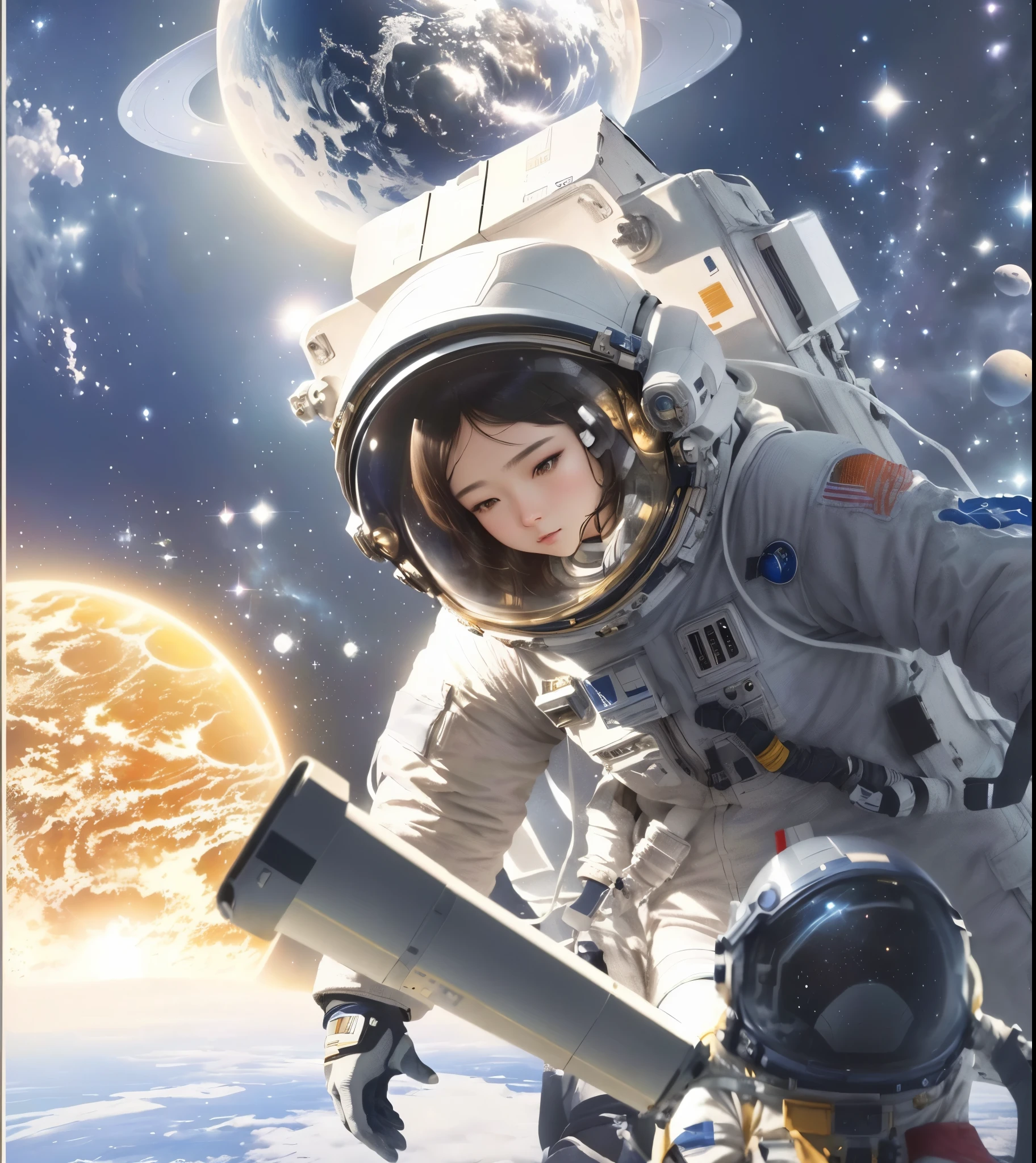 astronauts are looking at a woman in a space suit, girl in space, girl looks at the space, A beautiful artistic illustration, in space, of space travel, author:Yang Jie, Popular on cgstation, Female astronaut, in a space starry, portrait anime space cadet girl, space travel, by Ye Xin, space, in the space, space molly, space walk