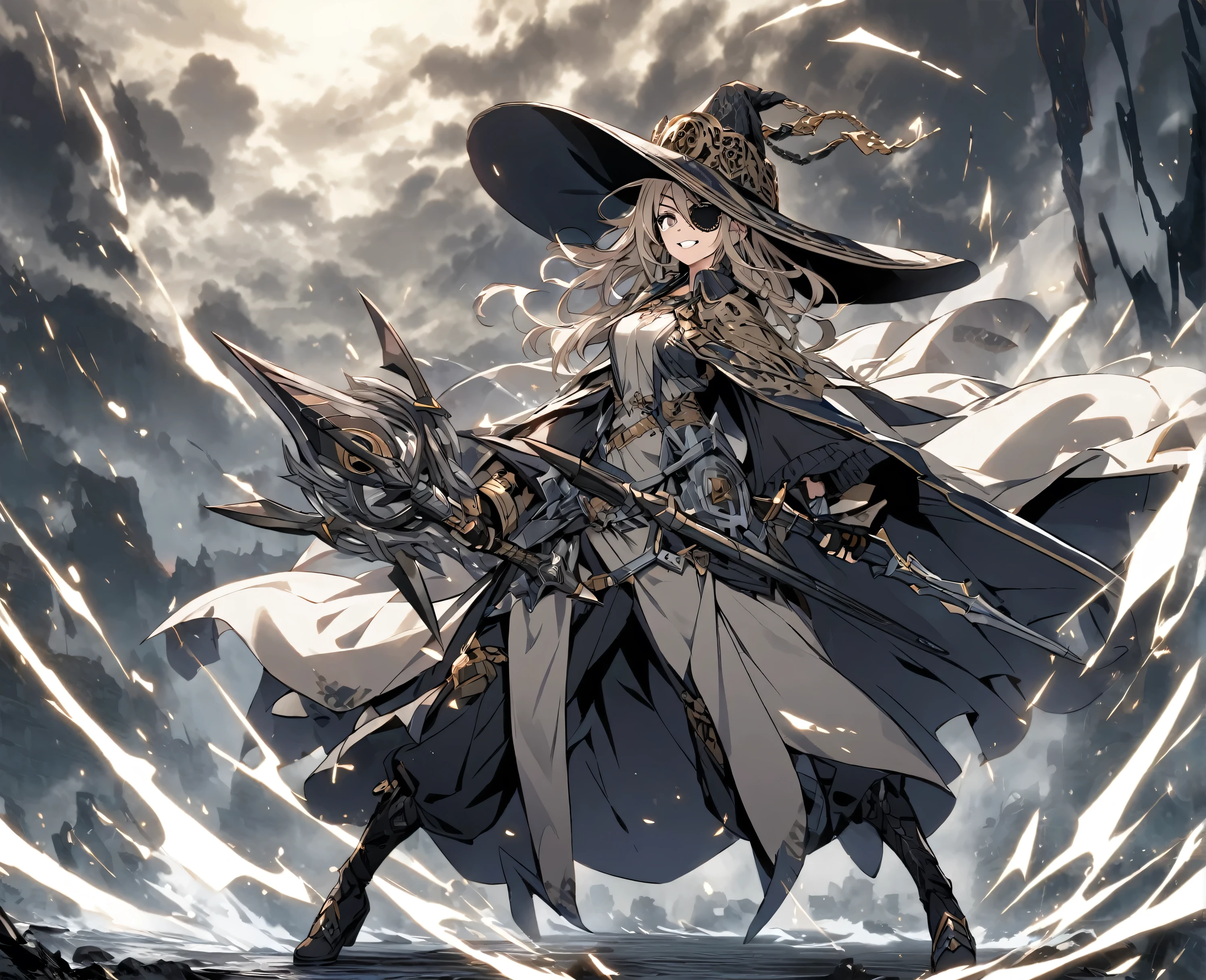 A female version of Odin smiling in the storm(Eyepatch on left eye,Wide-brimmed hat,Ready Gungnir spear(full body)
