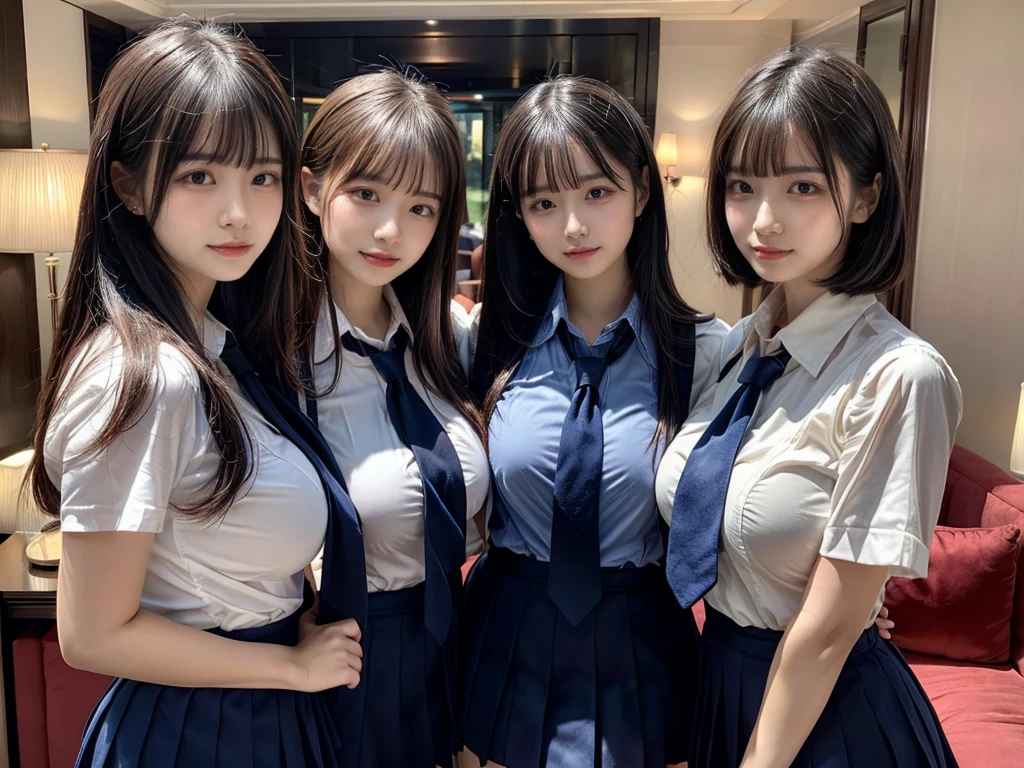 (8K, Raw photography, top-quality, ​masterpiece:1.2),  ((3 beatiful girls))、.（Realistic Skins 1.4）、（（（female high-school student、School Uniforms、）））、{{‎(The background is a luxury hotel room}}（（School Uniforms、white Cutter shirt、darkblue pleatedskirt))、（(long hair)）、((One has short hair)),（A dark-haired、The forehead is hidden by bangs、）、Black eyes、shinny skin.Beautiful delicate face、Beautiful delicate eyes、｛Voluptuous body shape、Thicker thighs｝、One piercing in each ear,((large breasts)), ((navy blue tie)) ,looking at camera, ((close up))