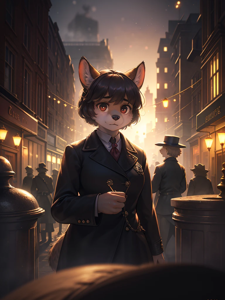 (Extreme Perspective:0.75) , Depth and foreground , rule of thirds , old Cine Lenses , Bokeh , realistic hairy fur , round face , round eyes , Swollen cheeks , hair ties , 1900s Foggy London city , Sherlock Holmes style movie , Detective women , (emerge from the shadows:1.2) , look at away , (peeping out scene)