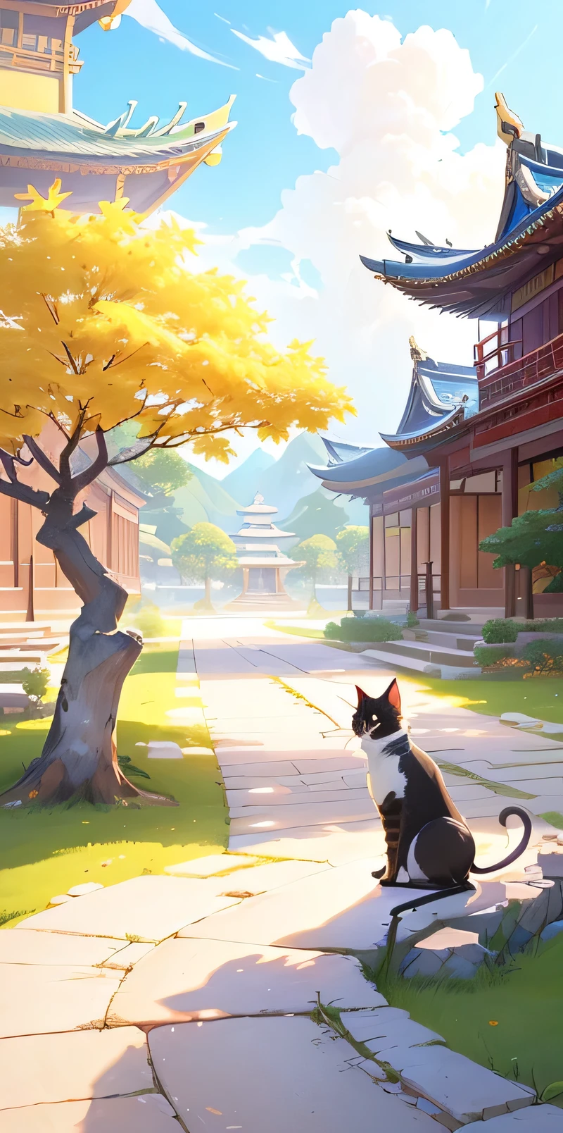 There is a cat sitting on a bench in the yard, Golden Holy Tree, Onmyoji detailed art, background technology, background technologywork, Adventure Island mouse, Temple Background, anime background technology, Palace Background, Maple Story Character Art, Adventure Island, Maple Story style, Fairy tale style background, Onmyoji, Inspired by Gong Xian