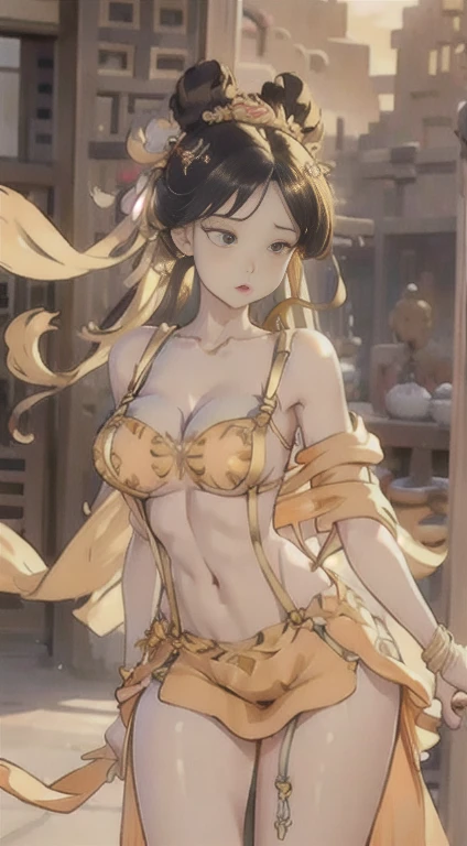 Half-length photo, Close-up of face, Face Shooting, A beautiful female breast、Breast sagging、Low-cut,Cleavage ,Wide hips,)))((Long legs)),Hourglass figure)) messy hair, Girl, Symmetrical bun, Hair accessories, Jewelry, Delicate face, (Orange suspenders: 1.5), (Orange high slit lower skirt 1.7), (golden pattern: 1.5), Crop navel, Open belly, Dunhuang style, Lots of ribbons, Delicate skin, Soft light effect, delicate and Smooth hair, Fine details, eyes highlights, White skin, Delicate depiction, Extreme details, Cinematic picture quality, Thin, slim, shattered, Hair details, Thin bangs, Shawl hair, Right body, shadow, Air bangs, 8K, Ultra-fine, Fine fabric texture, Soft, Soft, Smooth, ((Dunhuang style)))))),