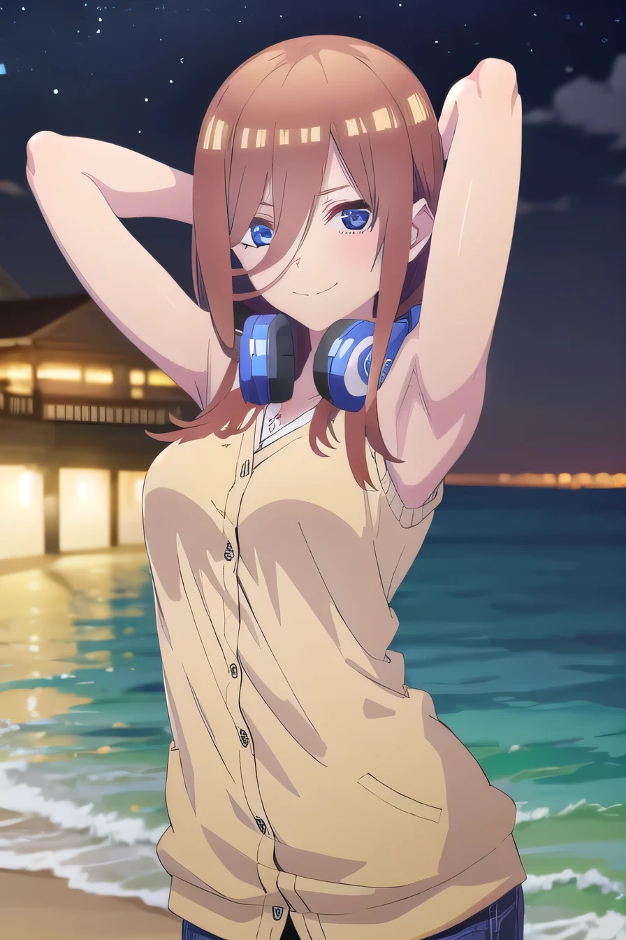 solo, 1girl, looking at viewer, 2D, anime, anime coloring, miku nakano, cardigan, headphones around neck, solo, night sky, beach, arms behind head, contrapposto, closed mouth, upper body, looking at viewer, smile,