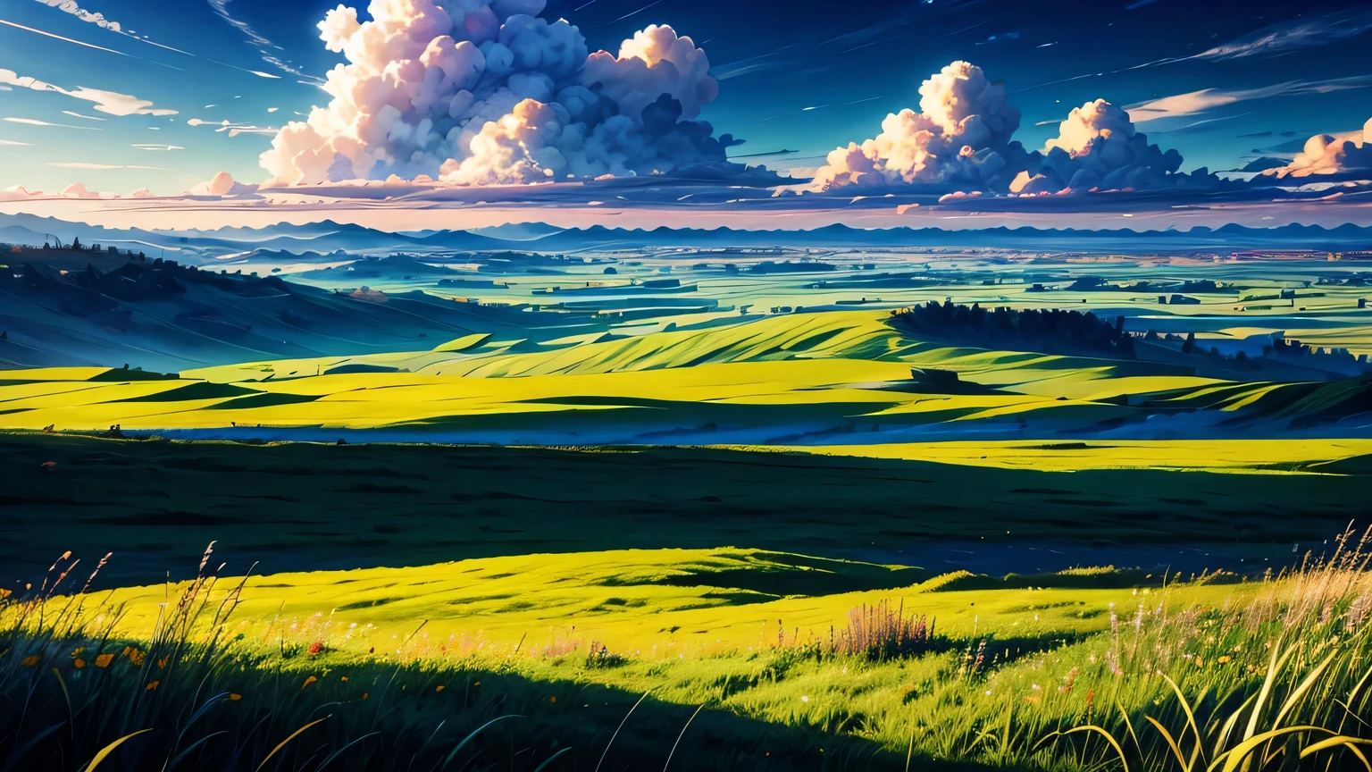grassland,sunny,Clouds,vast