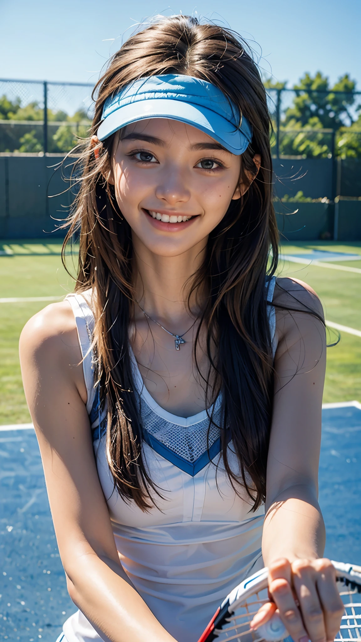 highest quality, masterpiece, Ultra-high resolution, ((Realistic textured skin)),(Realistic:1.4),blue sky, (Close-up portrait) RAW Photos, One cute girl,20-year-old,((Tennis Tournaments)),((Stylish tennis wear)),((Tennis court)),((Sun visor)),((Straight Long Hair)),((Smiling with teeth showing)),((Big smile))