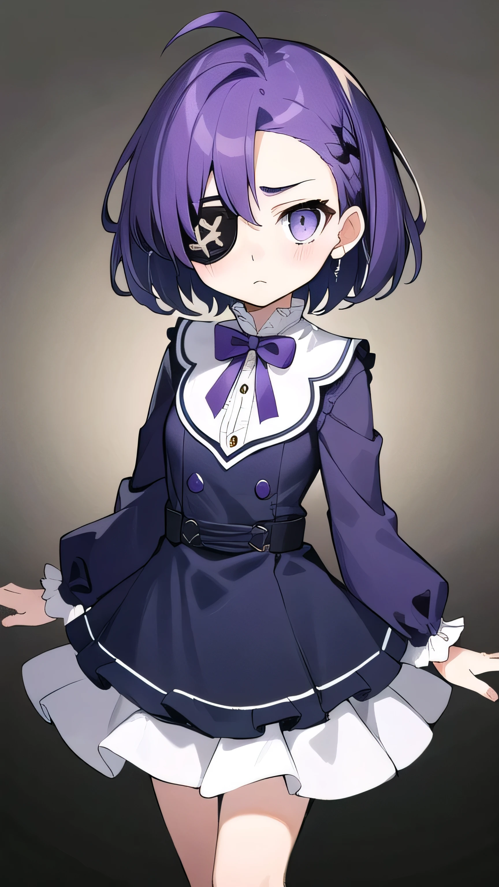 (Purple hair:1.4), gray eyes, white , navy blue miniskirt, 11 years old, short, short long hair, kind expression, shy, , almost no breasts, ,(flipped hair ), flipped hair, long sleeves, ahoge, girl alone, flipped hair, flipped hair, flipped hair, flipped hair, , flat chest,(eyepatch:1.1),Gothic Lolita