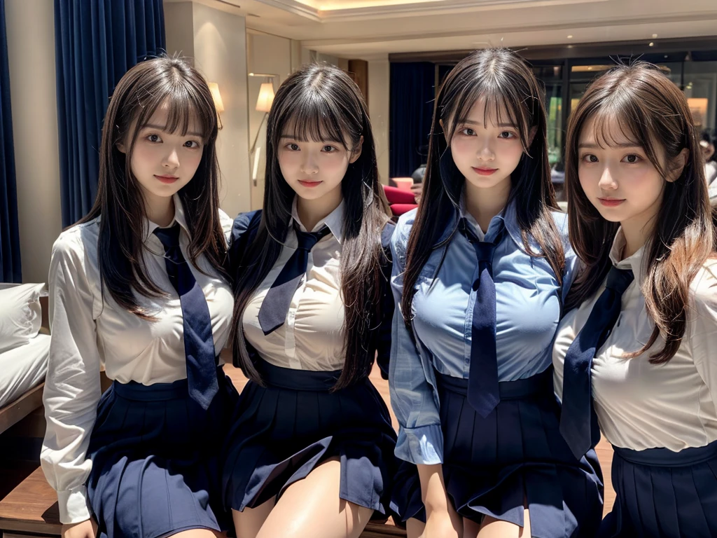 (8K, Raw photography, top-quality, ​masterpiece:1.2),  ((3 beatiful girls))、.（Realistic Skins 1.4）、（（（female high-school student、School Uniforms、）））、{{‎(The background is a luxury hotel room}}（（School Uniforms、white Cutter shirt、darkblue pleatedskirt))、（(long hair)）、((One has short hair)),（A dark-haired、The forehead is hidden by bangs、）、Black eyes、shinny skin.Beautiful delicate face、Beautiful delicate eyes、｛Voluptuous body shape、Thicker thighs｝、One piercing in each ear,((large breasts)), ((navy blue tie)) ,looking at camera, ((close up))