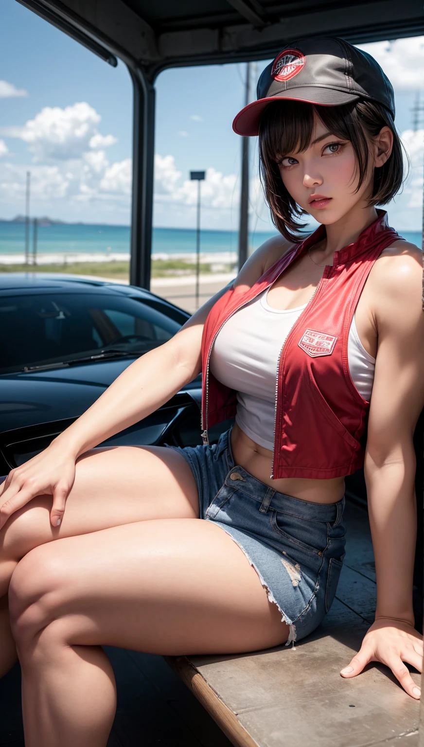 Best Quality, hight resolution, tomboy, fighter, Solo, very tall girl, huge giantess girl, muscular, tough girl, abs, biceps, fierce red eyes, pixie short hair with a white pilot hat, red eyes, Short hair, Denim Vest, open vest, Black shirt, white short jeans, Short sleeves, army boots, medium breasts, sitting crossed legs on a car roof, long legs, thick thicc (Externally expanded Chest: 1.2), looking down at the viewer, full body pictures