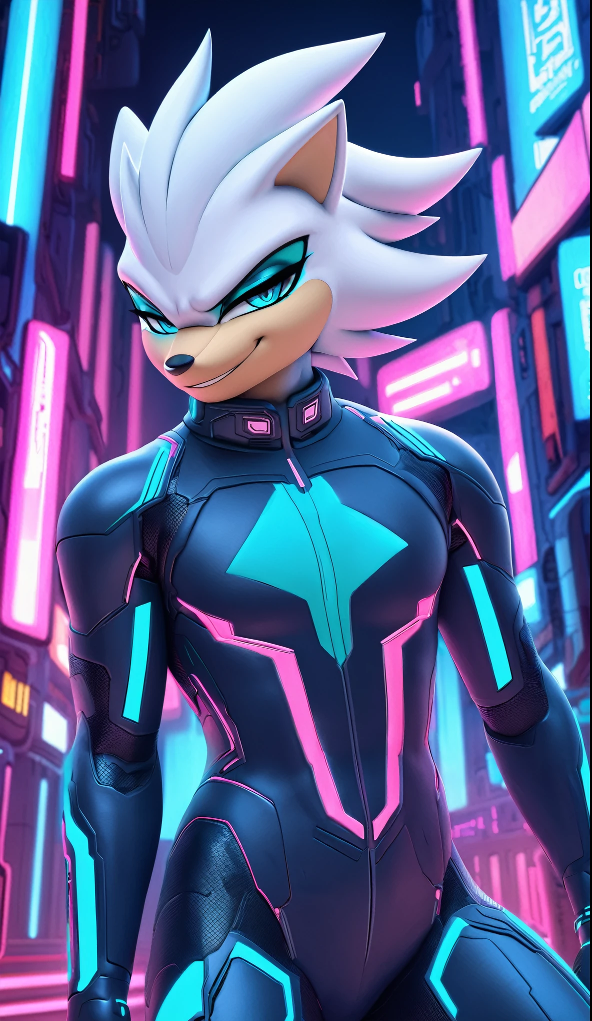 (((masterpiece:1.5, 4K, 8K))), a full body high quality digitally drawn rendered image ((by SEGA)) of A solo male anthro ((silver—white hedgehog)), with glowing blue eyes, ((metallic blue eyeliner:1.5)), (((tan muzzle))), wearing a (((sci-fi bodysuit))) stands in a neon-lit cyberpunk city The android's bodysuit is adorned with (((teal coloring:1.5))) with (((neon pink accents))), and intricate android seams, creating a futuristic look. the android has a seductive smirk on his face