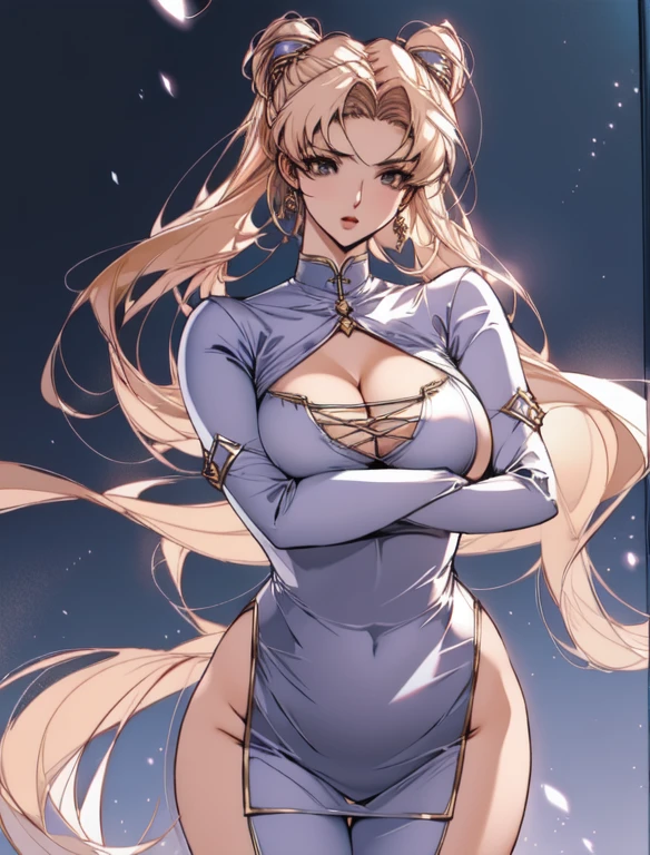 (((Distance from large breasts、Breast sagging、Low-cut，Cleavage ，Wide hips,)))((Long legs)),Hourglass figure)) 