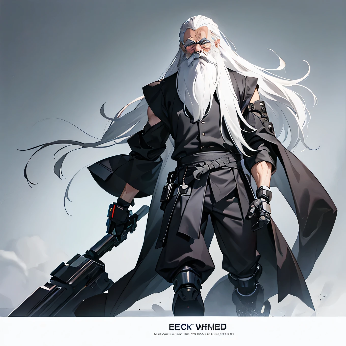 Old Man with long white hair and a beard, with white eyes, wearing a black sleeveless shirt, wearing black pants, black boots, wearing a black mask, with a robotic arm and a robotic leg
