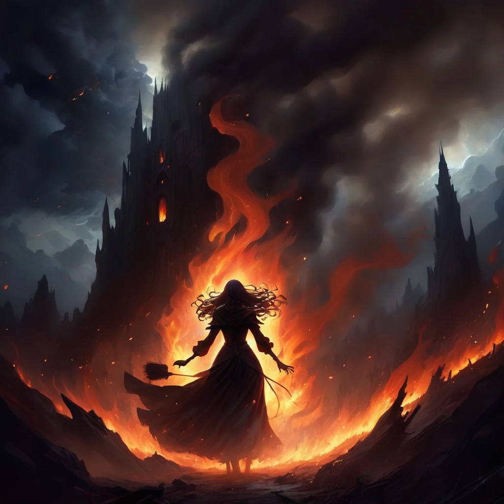 ruin forrest, temple of rock, simetry, reflected in the flames,burning ash,swirling,crackling sound,echoes through the air,smoke billowing,casting an eerie glow,against the dark night sky,sparks flying,into the unknown, powerful presence, illuminating the surroundings,concentrated expression,determination in their eyes,intense heat,emanating from their hands,creating a fiery whirlwind,commanding the flames,with their will,embodiment of fire and strength,(best quality,highres),intense color palette,highlighting the flames,dark shadows and highlights,creating depth and contrast, showcasing individual hair strands,created with precision,rich colors,echoing the intensity of the flames,moody atmosphere, the witch hide back tree.