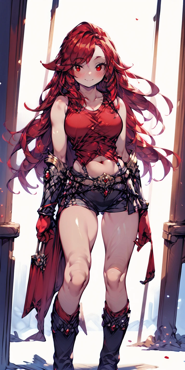 (plain background, 8k, best quality, masterpiece, realistic, photo-realistic:1.37) (full body height standing straight symmetrical contrapposto) (looking at viewer) 2legs apart (wide stance) ultra detailed, 1solo cute girl (beautiful detailed eyes) (smile:1.2) (closed mouth) view from below depth of field, good composition, bob hair, perfect knockers, suspenders, toned body, athletic, wide hips, thin waist, toned arms, exposed abdomen, abs toned, navel, big belly button belt ((red cheeks, red eyes, red tank top, red thong, red gloves gauntlets, red stockings thighs)) (Kei Kishimoto)