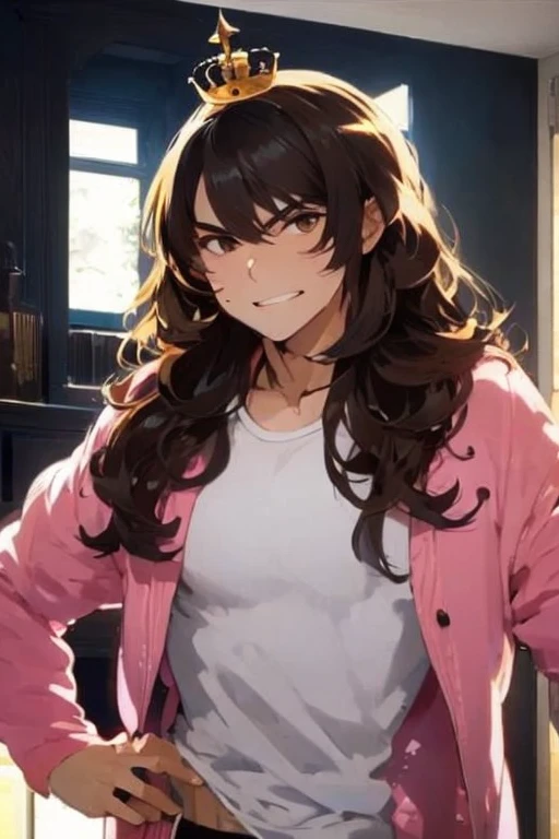 Longt wavy hair, white shirt,pink jacket, young male, brown eyes, night time, brown hair, smirk, golden crown, huge bulge