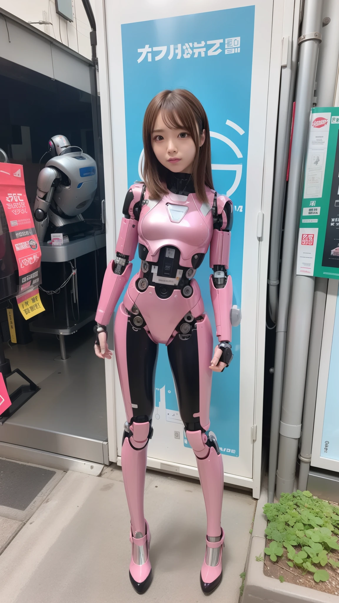 cyborg, pink there, Silver, Metallic body, Robot Parts, Metal Parts, Super Detailed Face, Super well-formed face, of the highest quality, a small face, a small head, full body, Brown hair, Slender body, Camera gaze, Internal Mechanical Exposure, Idol, Well-proportioned body, gravure, Photo session, Akihabara, Moe Pose, Standing with legs open, Model body type, sad, Embarrassing,(Perfect Robot Girl),(Perfect machine body)