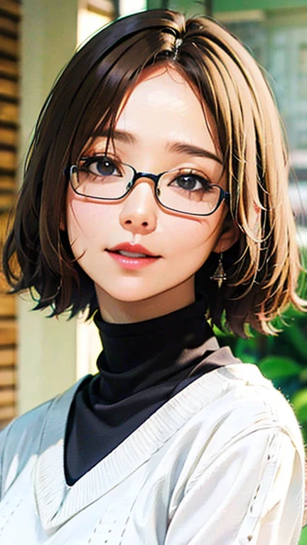 1 female, /(Tight sweater/) V-neck, Mature Woman, /((((short hair、Light brown hair、Blonde hair)))) Beautiful forehead, Stylish Glasses、Large Breasts、Bright red lips、A gentle blushing smile, (Masterpiece of the highest quality:1.2) Delicate illustrations, super detailed, /(Modern house living room/) indoor