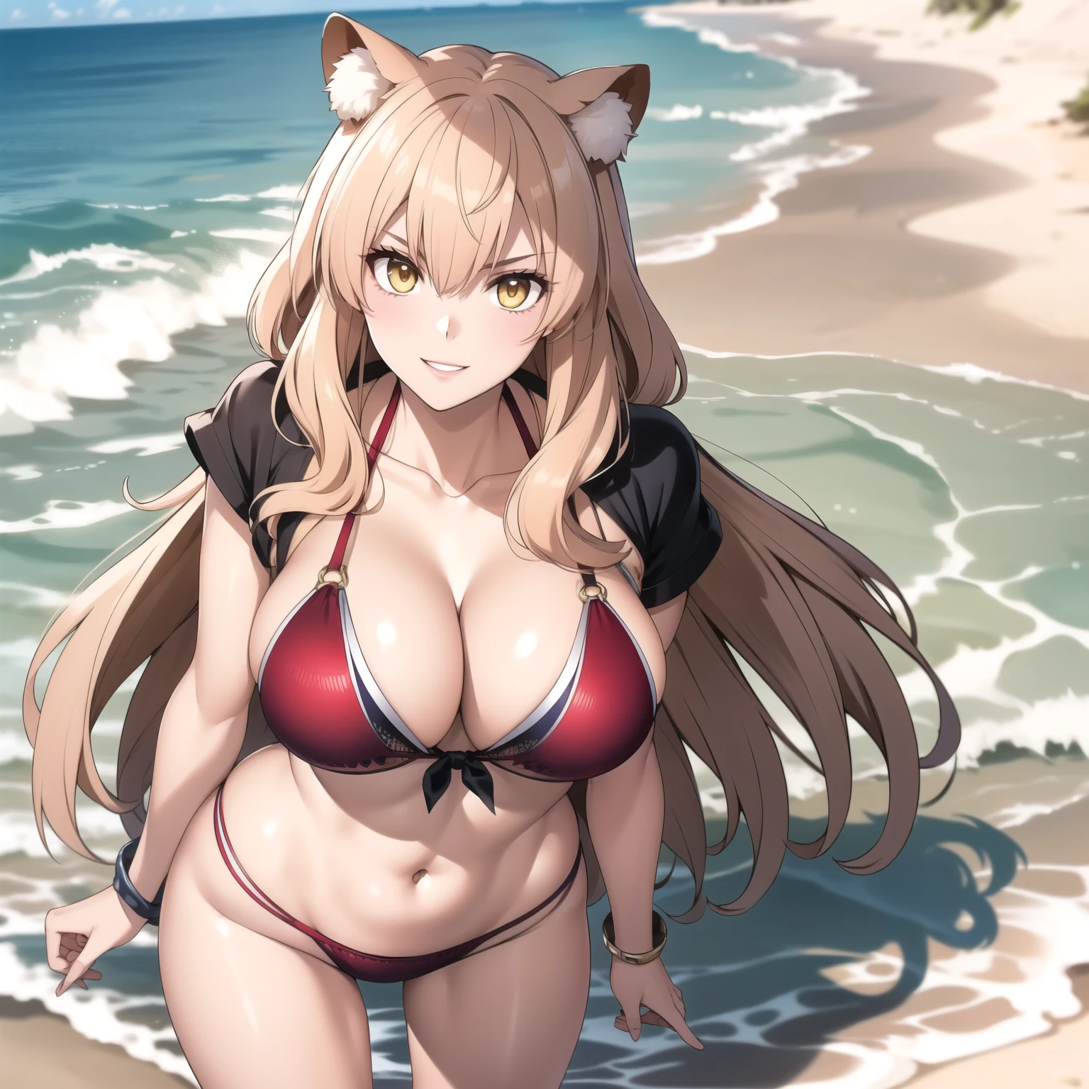 Suzuka Gozenwoman 27 years old, cabello rubio brillante con reflejos, sonrisa coqueta, rubor en mejillas, , orejas de gato puntiagudas,, Detailed amber-like yellow eyes, pechos grandes, piel clara detallada, pink jaguar design bikini, esta de pie, frente al espectador, cuerpo completo, accesorios, playa de arena blanca. sunny day. cabello flotante, luz perfecta, colores vibrantes.