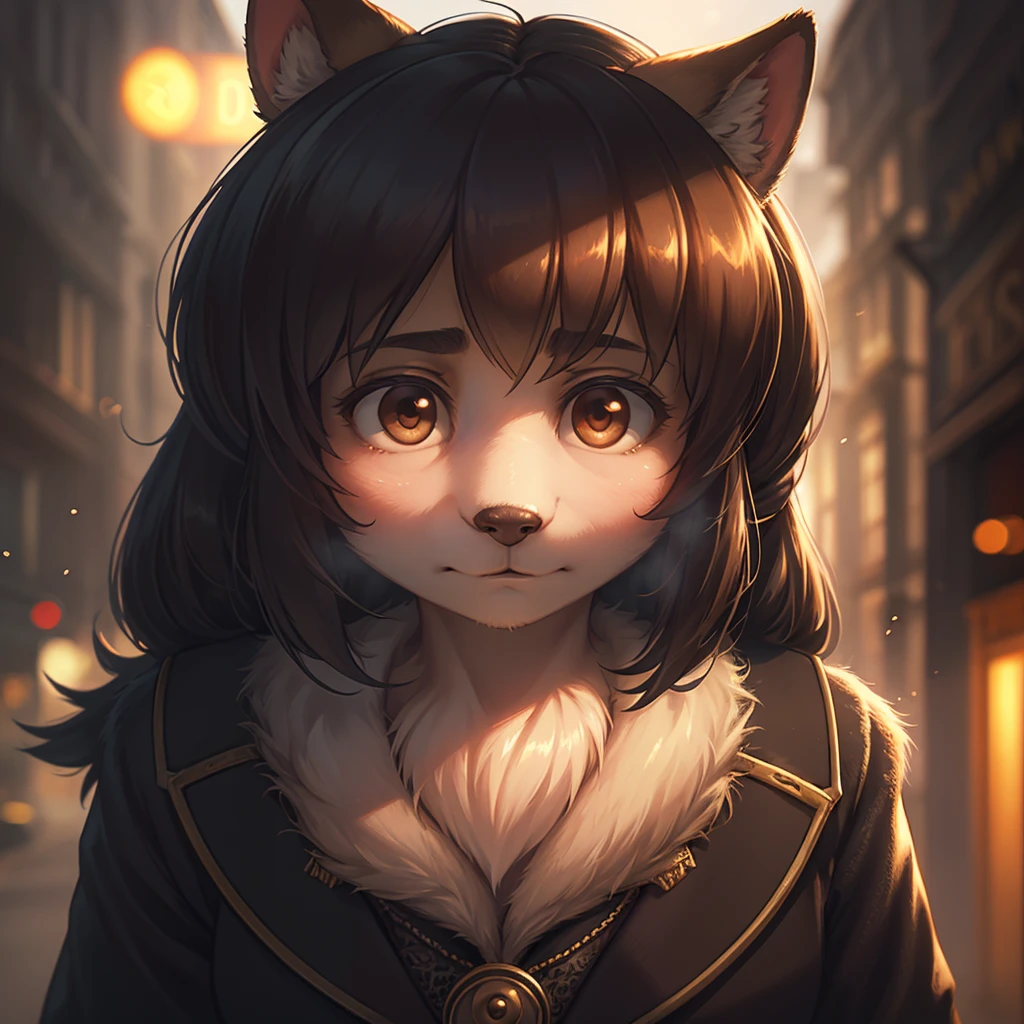 (Extreme Perspective:0.75) , Depth and foreground , rule of thirds , old Cine Lenses , Bokeh , realistic hairy fur , round face , round eyes , Swollen cheeks , hair ties , 1900s Foggy London city , Sherlock Holmes style movie , Detective women , (emerge from the shadows:1.2) , look at away , (peeping out scene)
