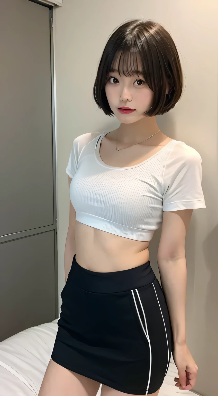 Sports Bra、mini skirt、I can see your pants、bed、Embarrassed face、Short sleeve、Short hair with bang-shaped legs
