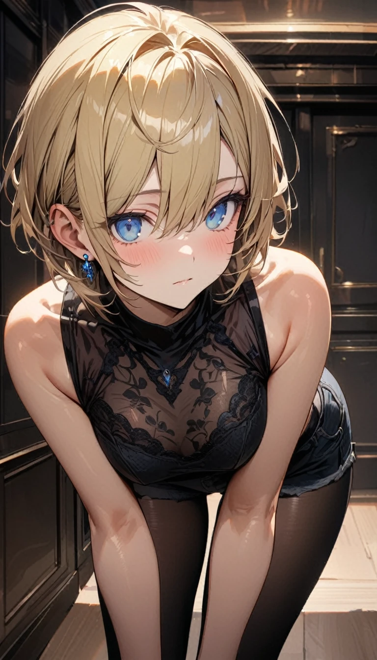 expressionless ,master piece, best quality, ultra detailed, handsome, 1 woman, short hair, blonde hair, cute eyes, blue eyes, short pants ,Black tights,earring, cowboy shot, leaning forward