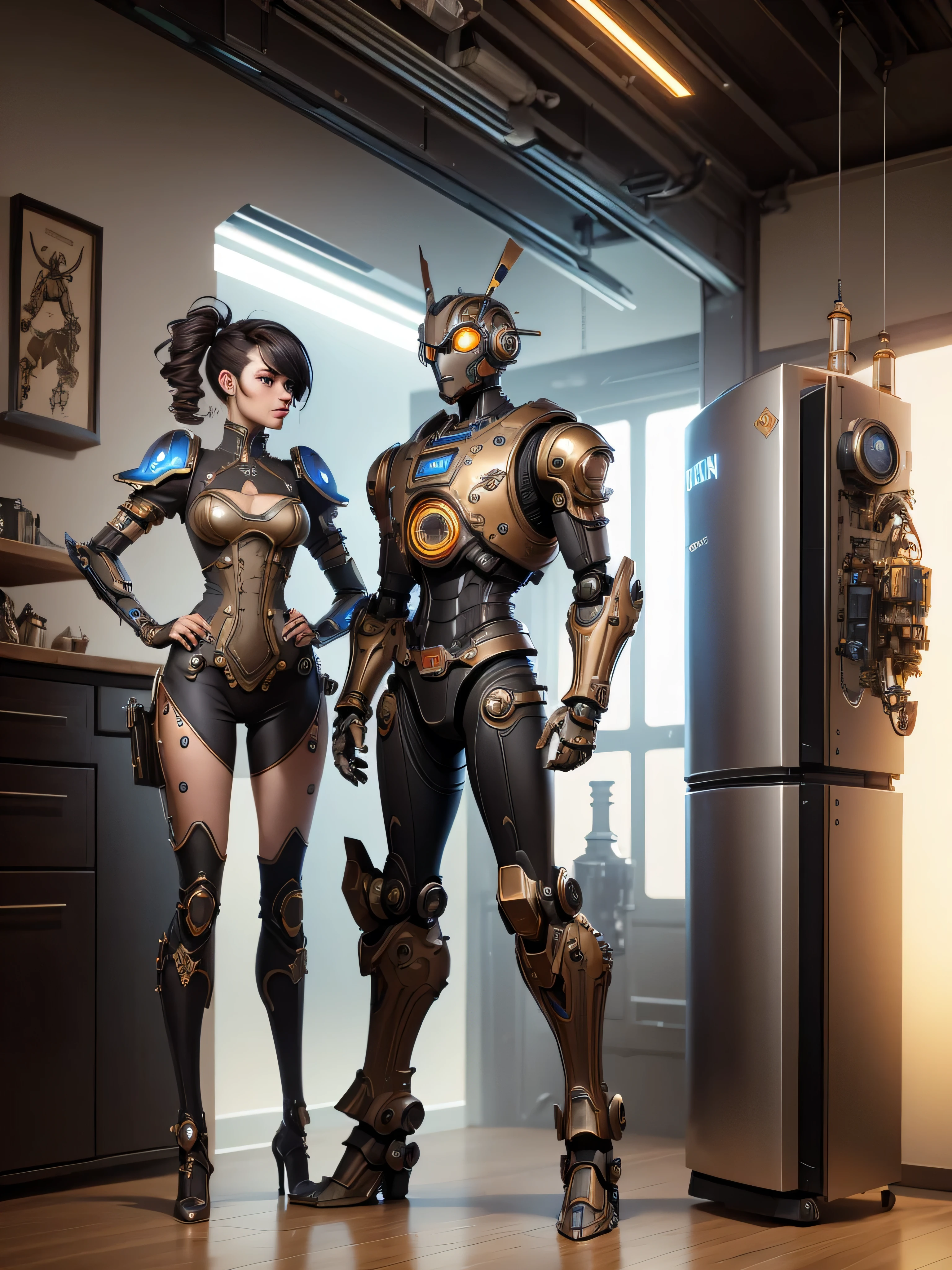 there is a robot that is standing in front of a refrigerator, inspired by Brian Despain, steampunk robot, steampunk automaton, by Brian Despain, pit droid, alejandro burdisio art, beautiful robot character design, android jones and rhads, robot factory, high quality steampunk art, cute elaborate epic robot, robot concept art, a still life of a robot