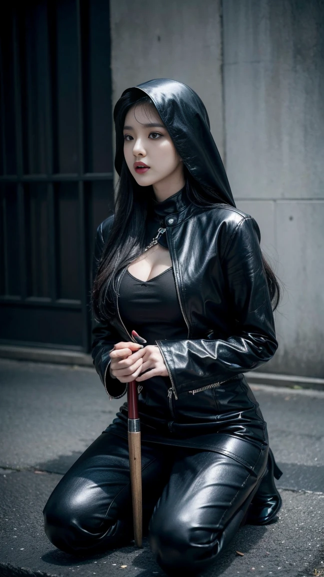Arafi woman in black leather clothes kneeling on the ground holding a knife, vampire nun, cruel korean goth girl, single scary female vampire nun, Yoo Lee Ji-eun plays the super villain, nun fashion model, Nun attire, Vicious female match, beautiful female assassin, cyberpunk nun warrior, Cosplay Photos, realistic cosplay, Seductive cyberpunk dark fantasy, Park Shin Hye plays a super villain