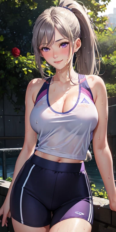 Realistic, One girl, ponytail, Lips parted, blush, compensate, A light smile, Gray Hair, Sportswear, skirt, Wet clothes, shine, Thighs, Purple eyes, Exposing shoulders, clavicle, Tight waist, Sunbeam, sunlight, Rose, Wind, Cleavage, (masterpiece), Sweat,